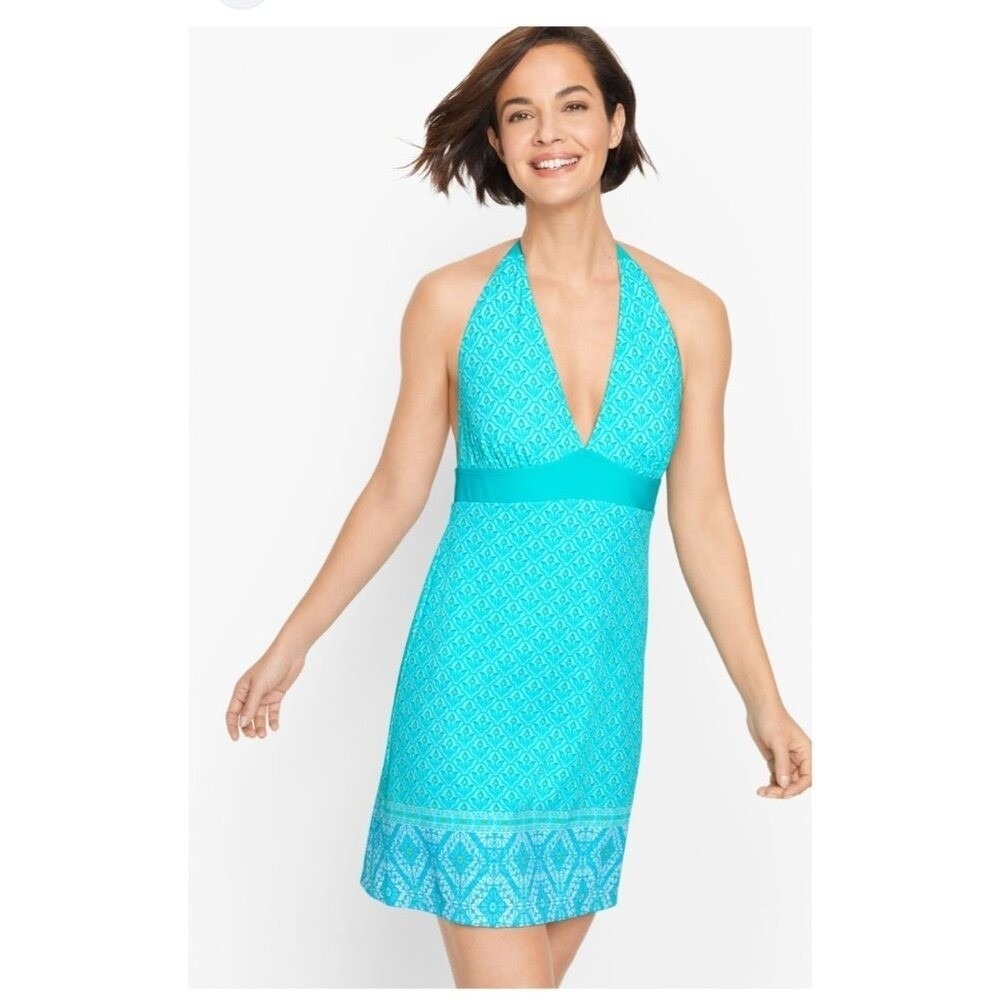 Cabana Life Talbots Swim Dress Halter Neck Turquoise Built-In Bottoms Size S NWT
